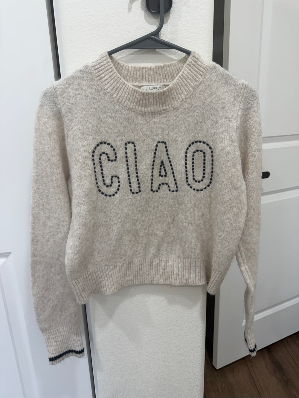 Z Supply Cream 'CIAO' Crewneck Sweater with Black Stitching